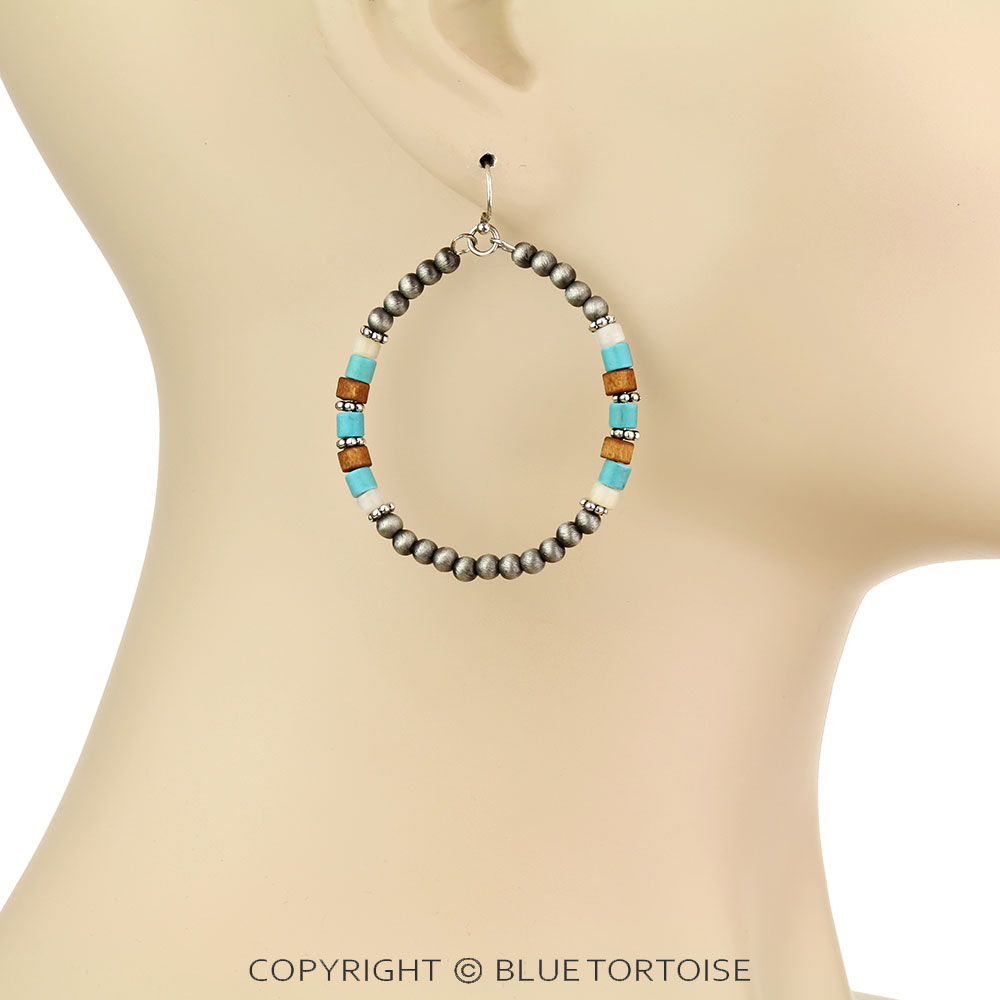 Navajo Style Pearl & Bead Circle Dangle Earrings - Image 2