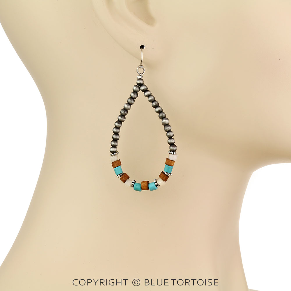 Navajo Style Pearl & Bead Teardrop Dangle Earrings - Image 2