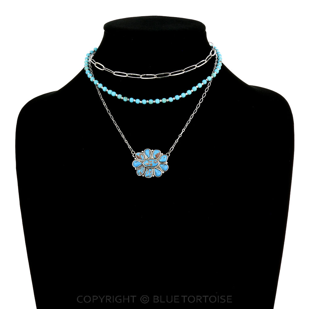 Western Agate Stone Concho Chain 3Row Necklace - Image 2