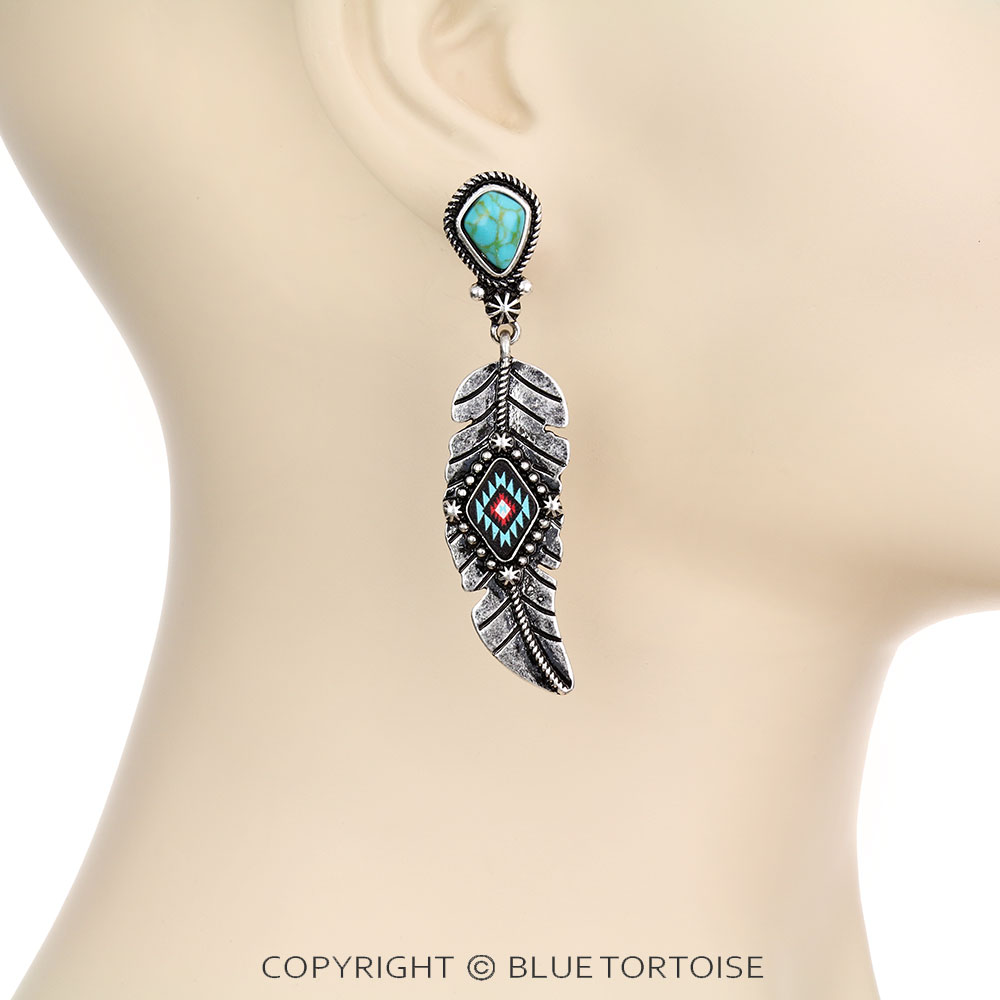Western Aztec Design Feather Stud Earrings - Image 2