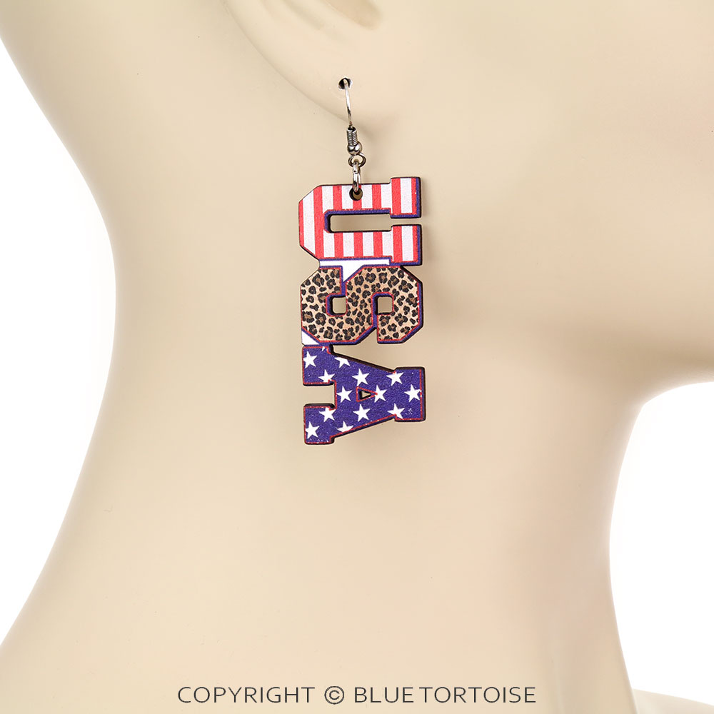 American Flag UAS Letter Wood Dangle Earrings - Image 2