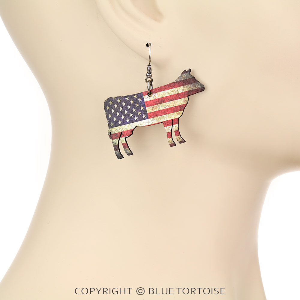 American Flag Cow Wood Dangle Earrings - Image 2