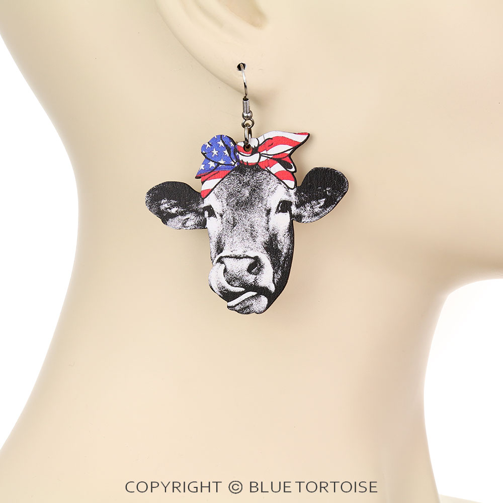 American Flag Cow Wood Dangle Earrings - Image 2