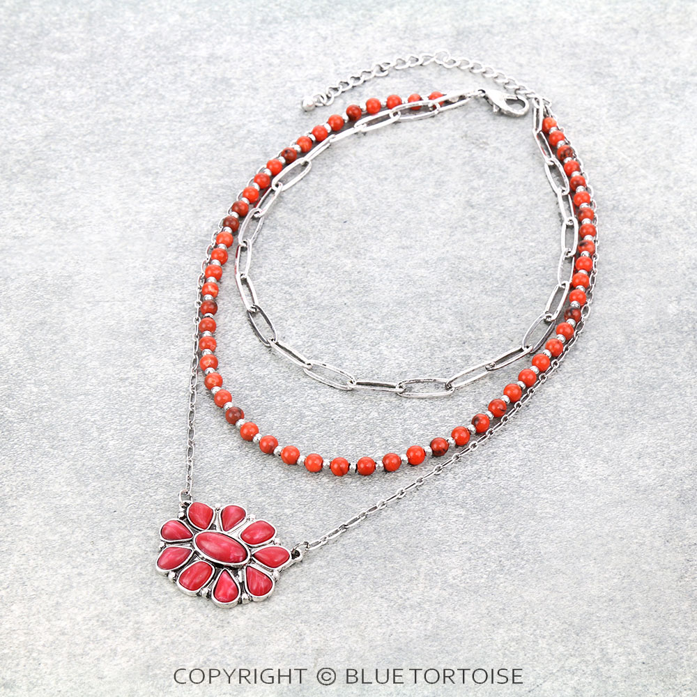 Western Agate Stone Concho Chain 3Row Necklace