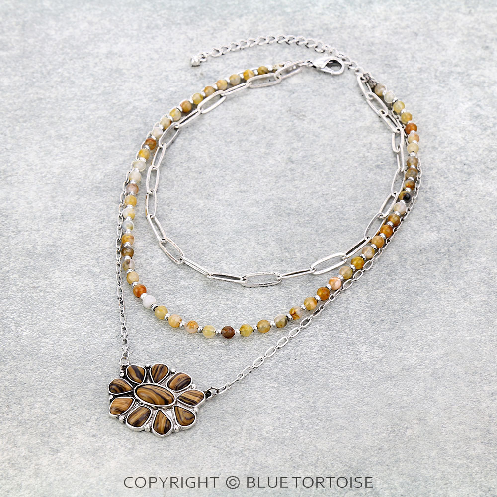 Western Agate Stone Concho Chain 3Row Necklace