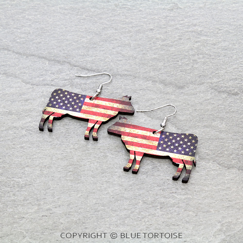American Flag Cow Wood Dangle Earrings