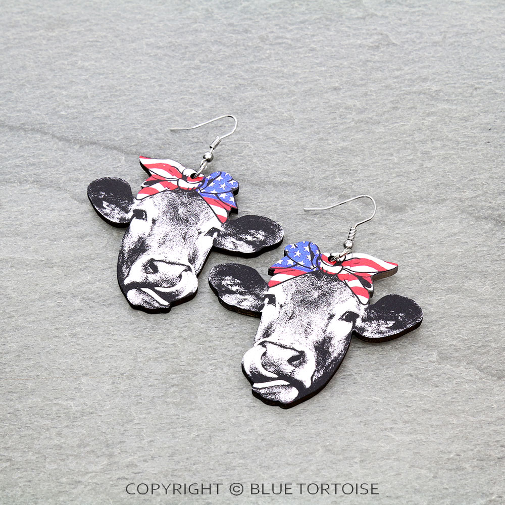 American Flag Cow Wood Dangle Earrings