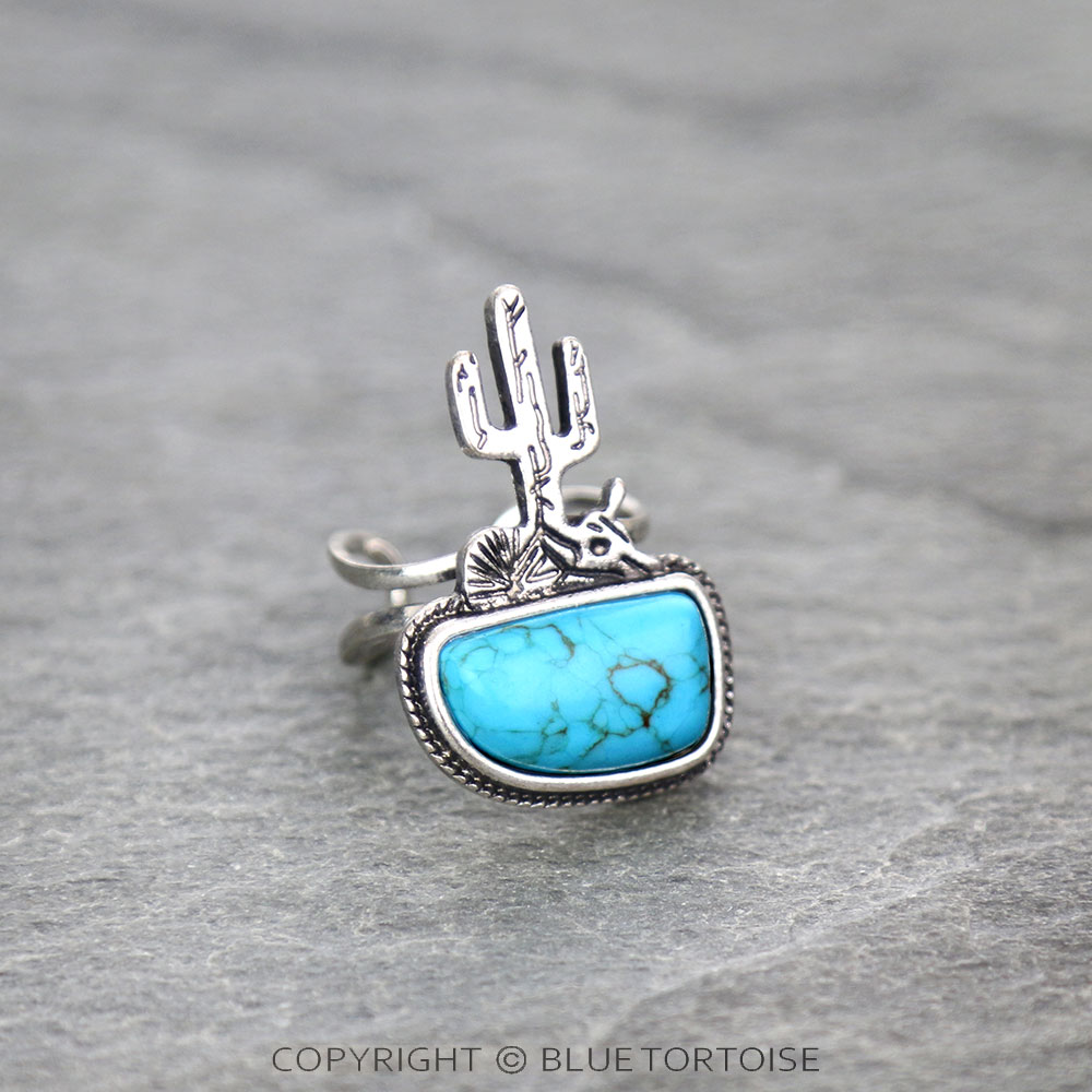 Western Cactus and Armadillo Stone Cuff Ring - Image 2