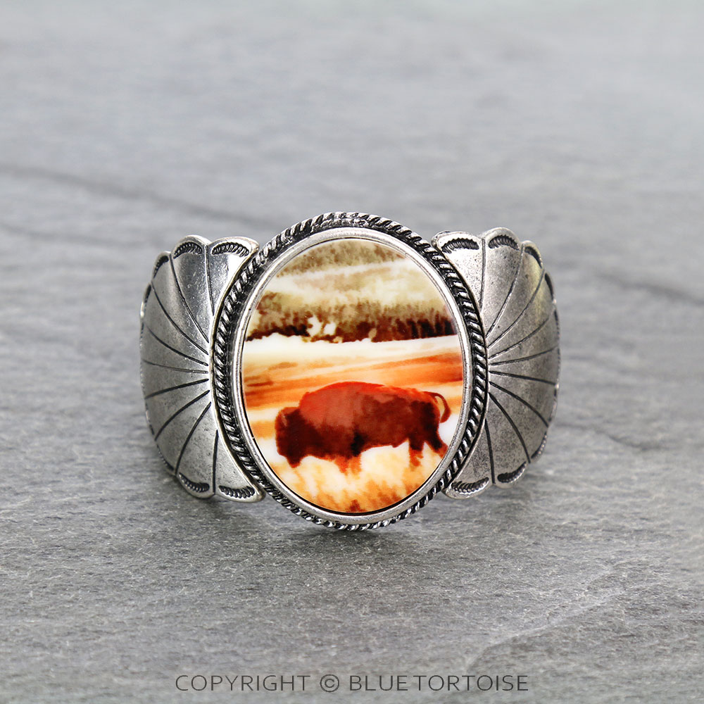 Western Buffalo Portrait Cuff Stretch Bracelet