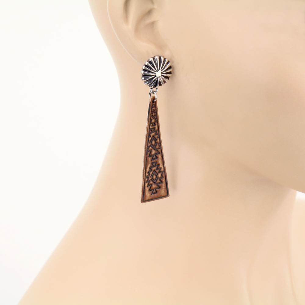 Western Leather Aztec Design Stud Earrings - Image 2