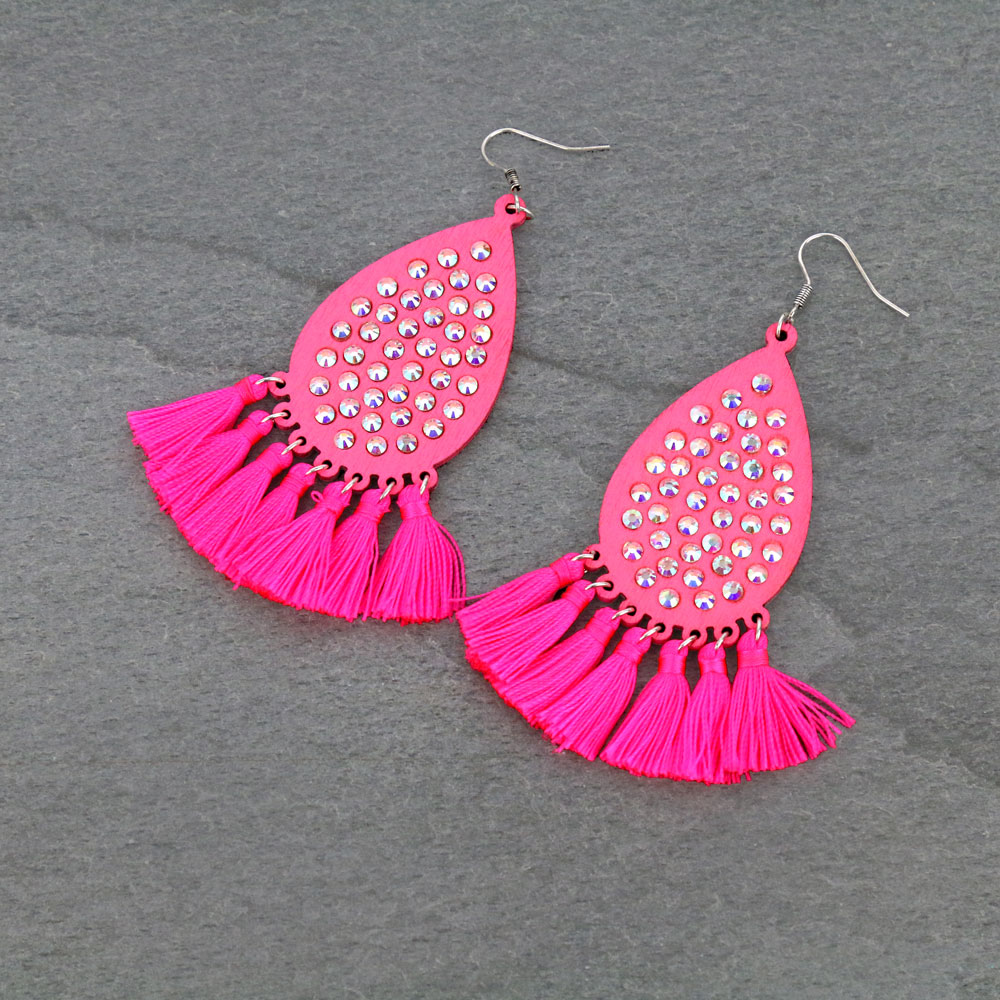 Teardrop Wood with Tassel Dangle Earrings