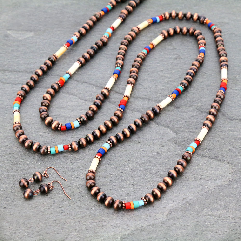 60" Western Navajo Style Pearl and Bead Necklace Set