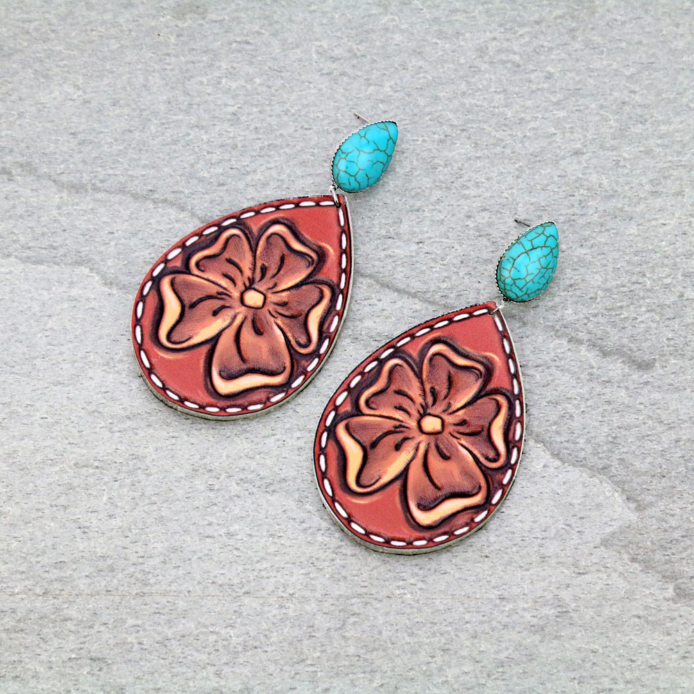 Flower Teardrop Leather Stud Earrings