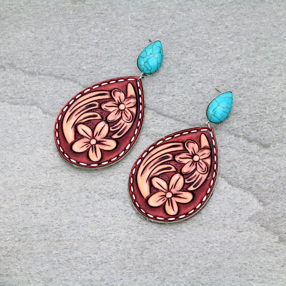 Flower Teardrop Leather Stud Earrings