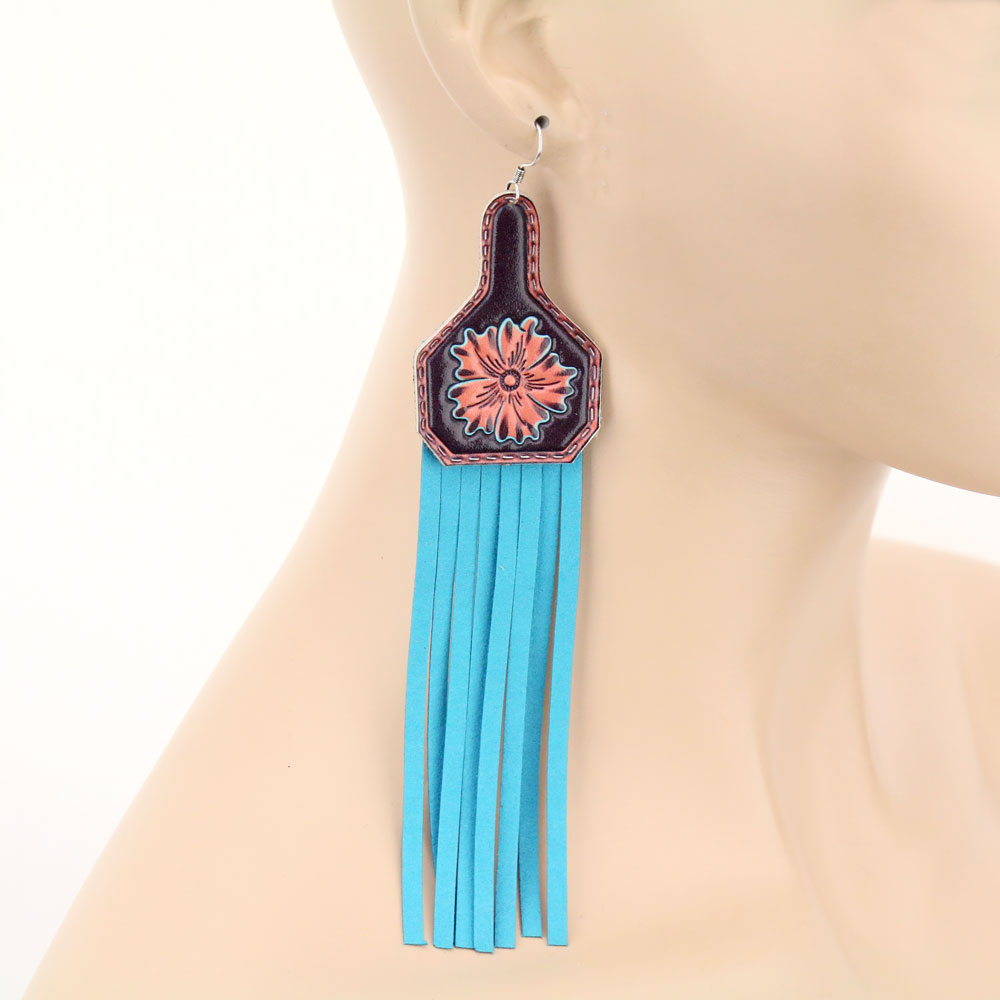 Flower Leather with Tassel Dangle Earrings - Image 2
