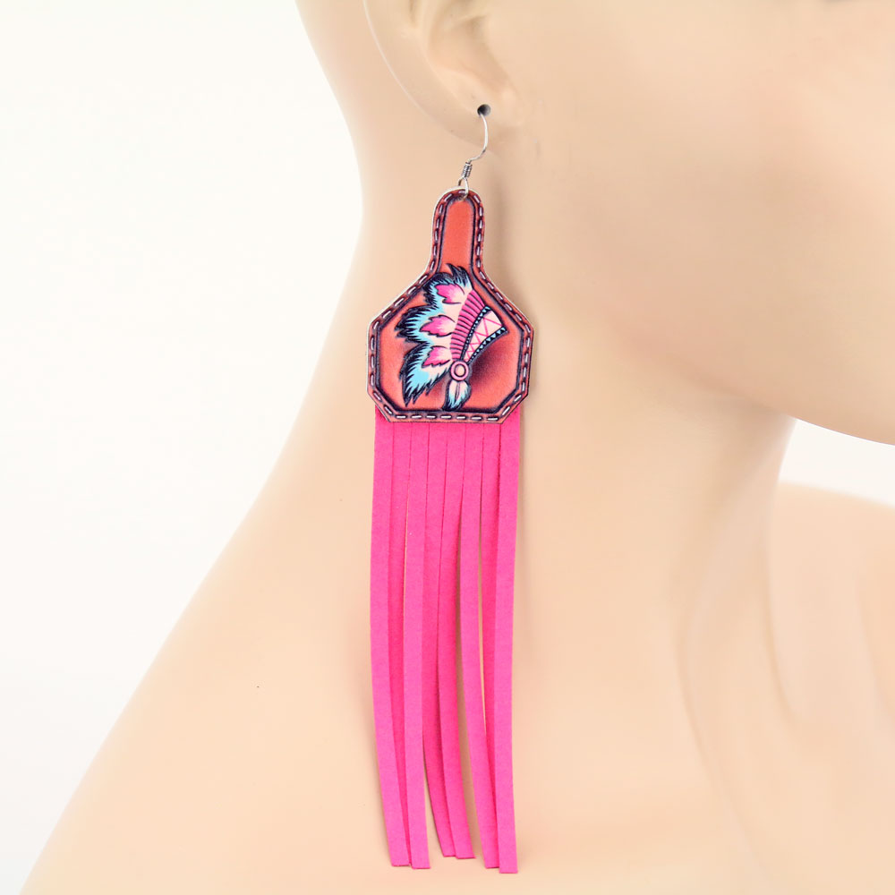 Indian Chief Leather with Tassel Dangle Earrings - Image 2