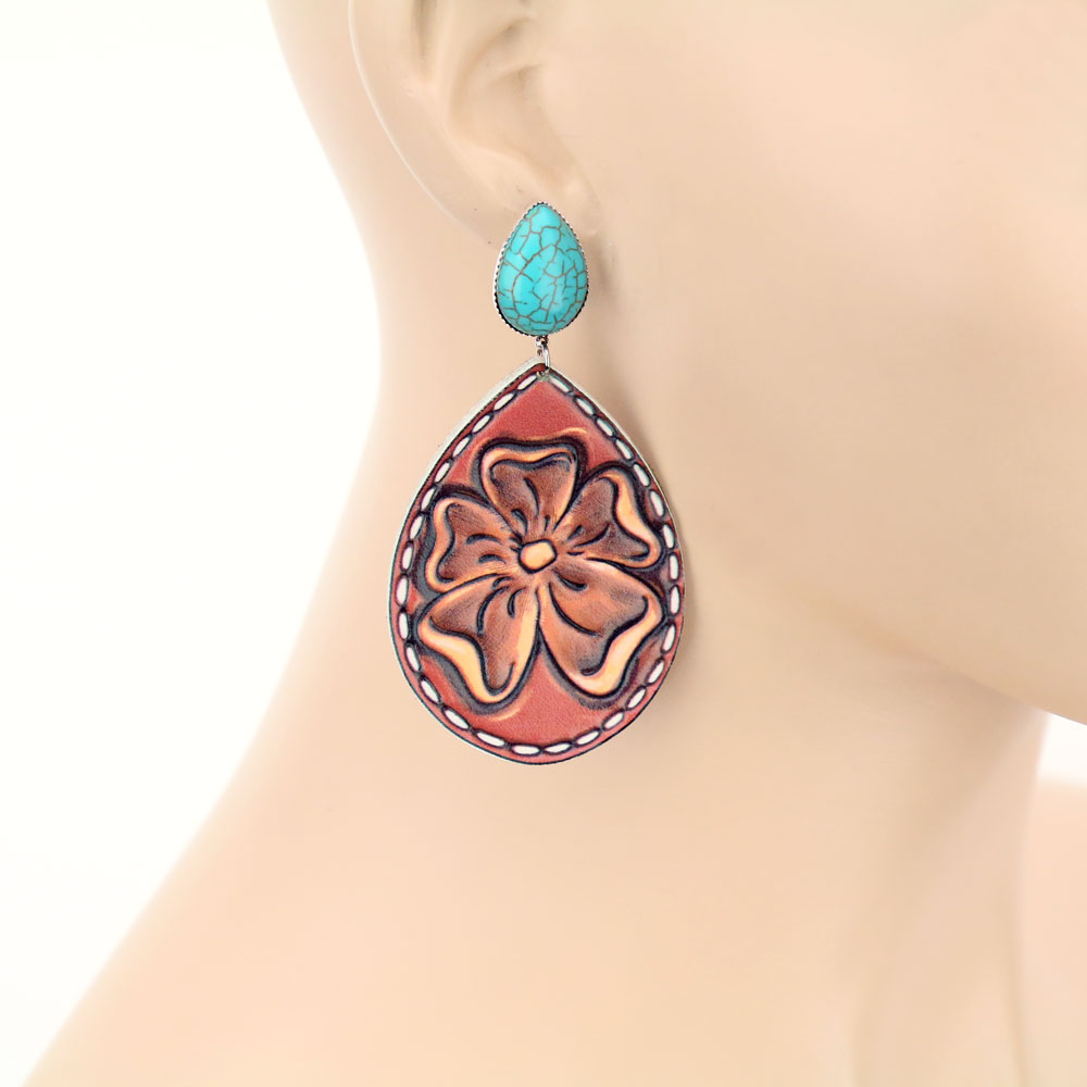 Flower Teardrop Leather Stud Earrings - Image 2