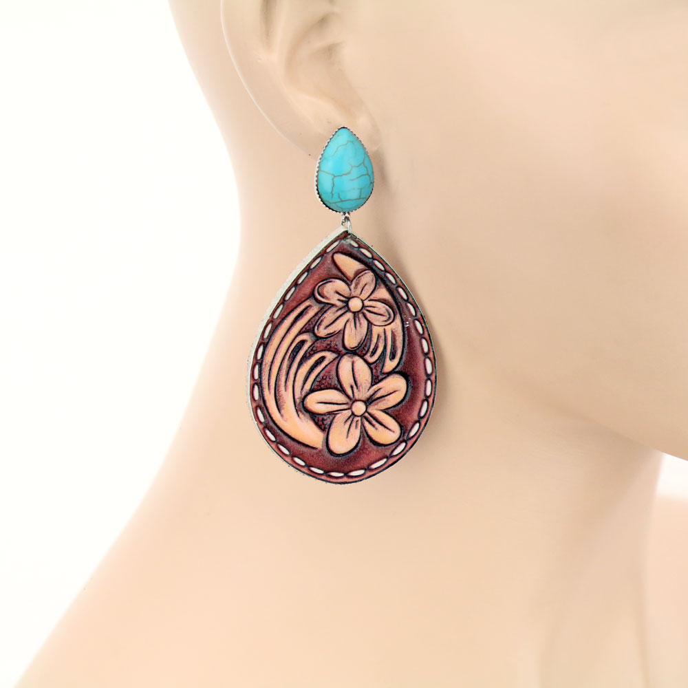 Flower Teardrop Leather Stud Earrings - Image 2