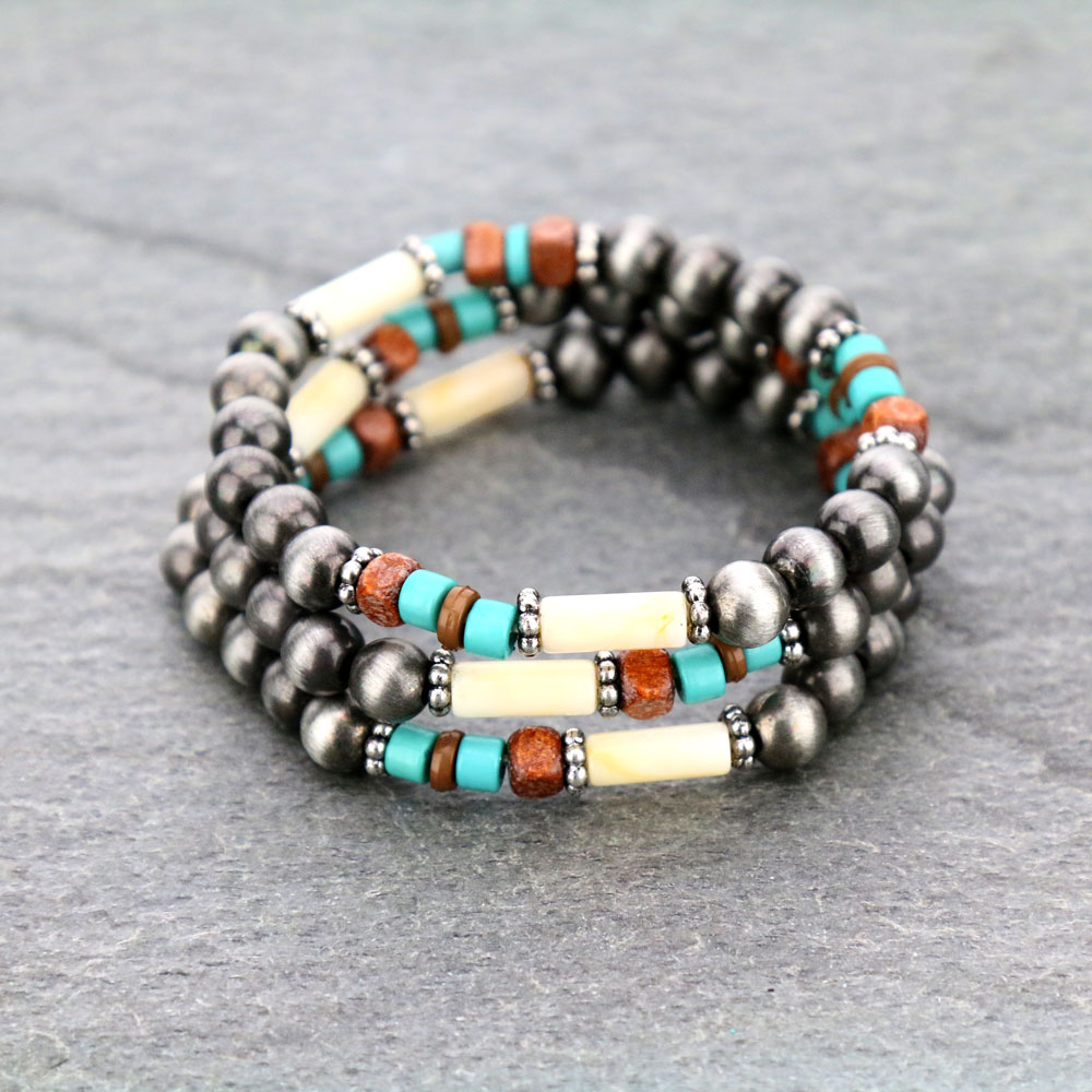 Navajo Style Pearl Layered Stackable Stretch Bracelet