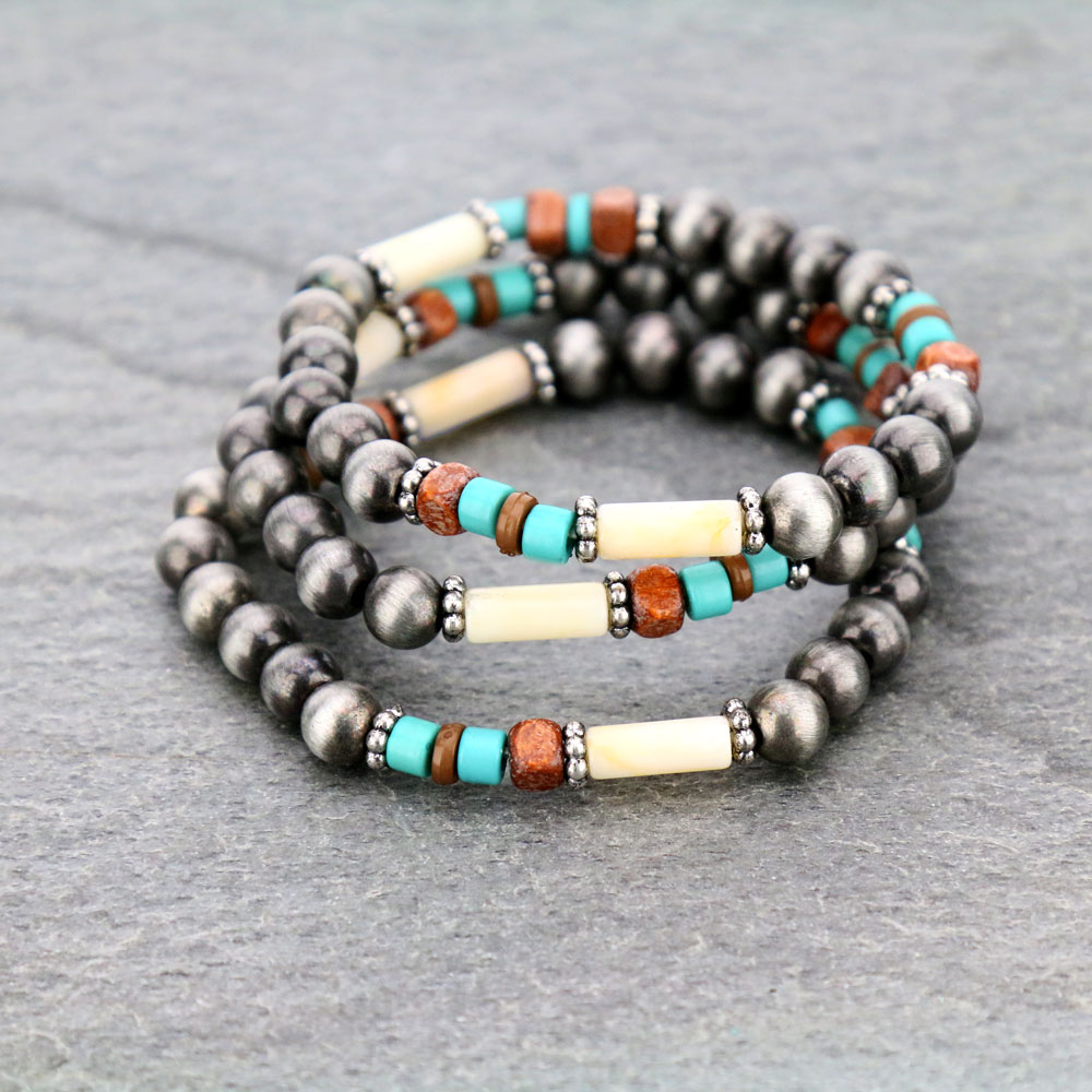 Navajo Style Pearl Layered Stackable Stretch Bracelet - Image 2