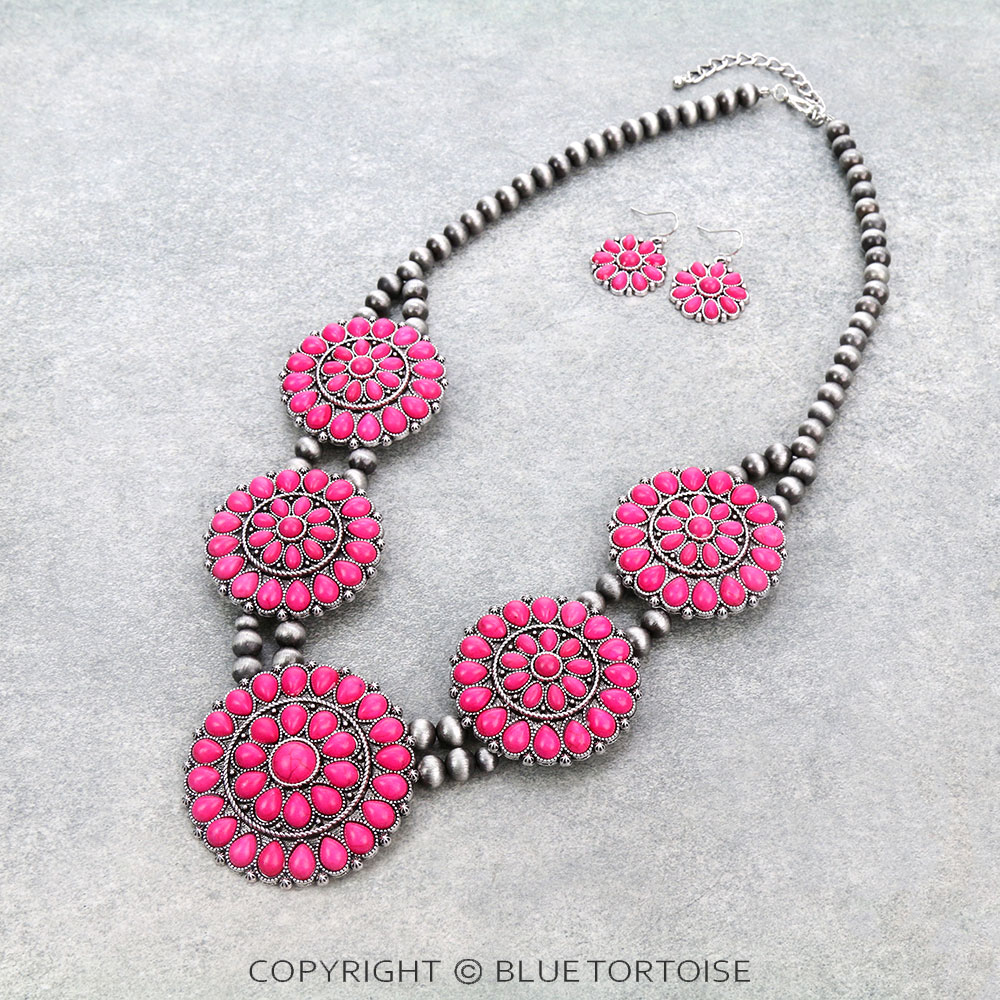 Western Navajo Style Pearl Squash Blossom Necklace Set