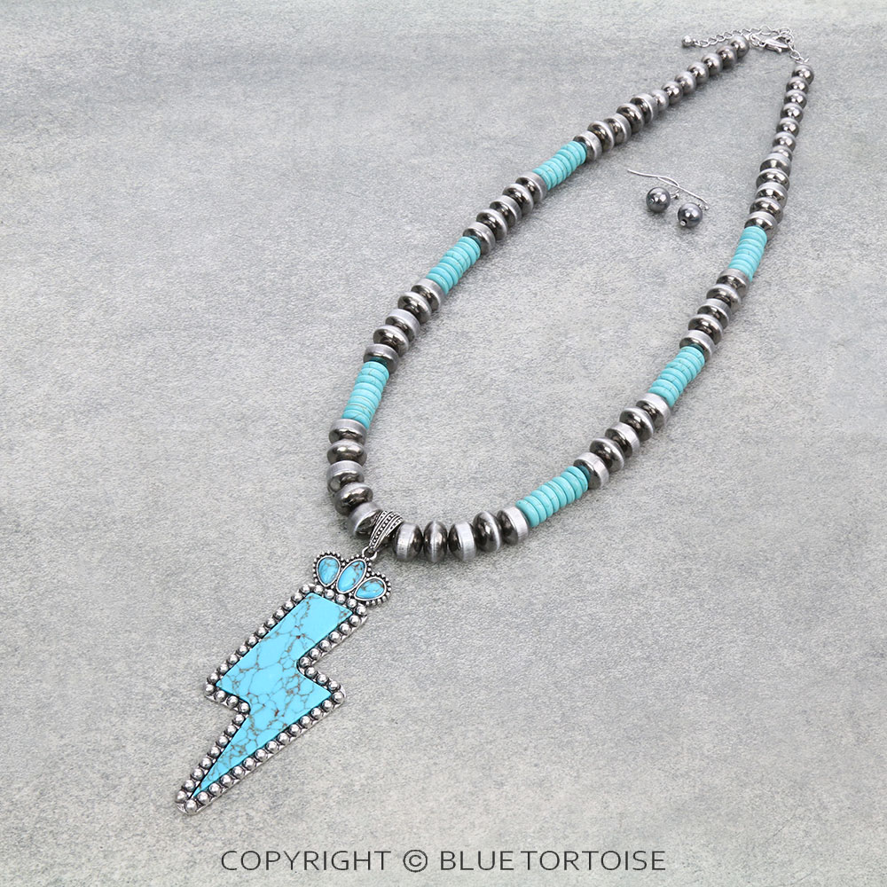 Navajo Style Pearl with Thunder Stone Pendant Necklace Set