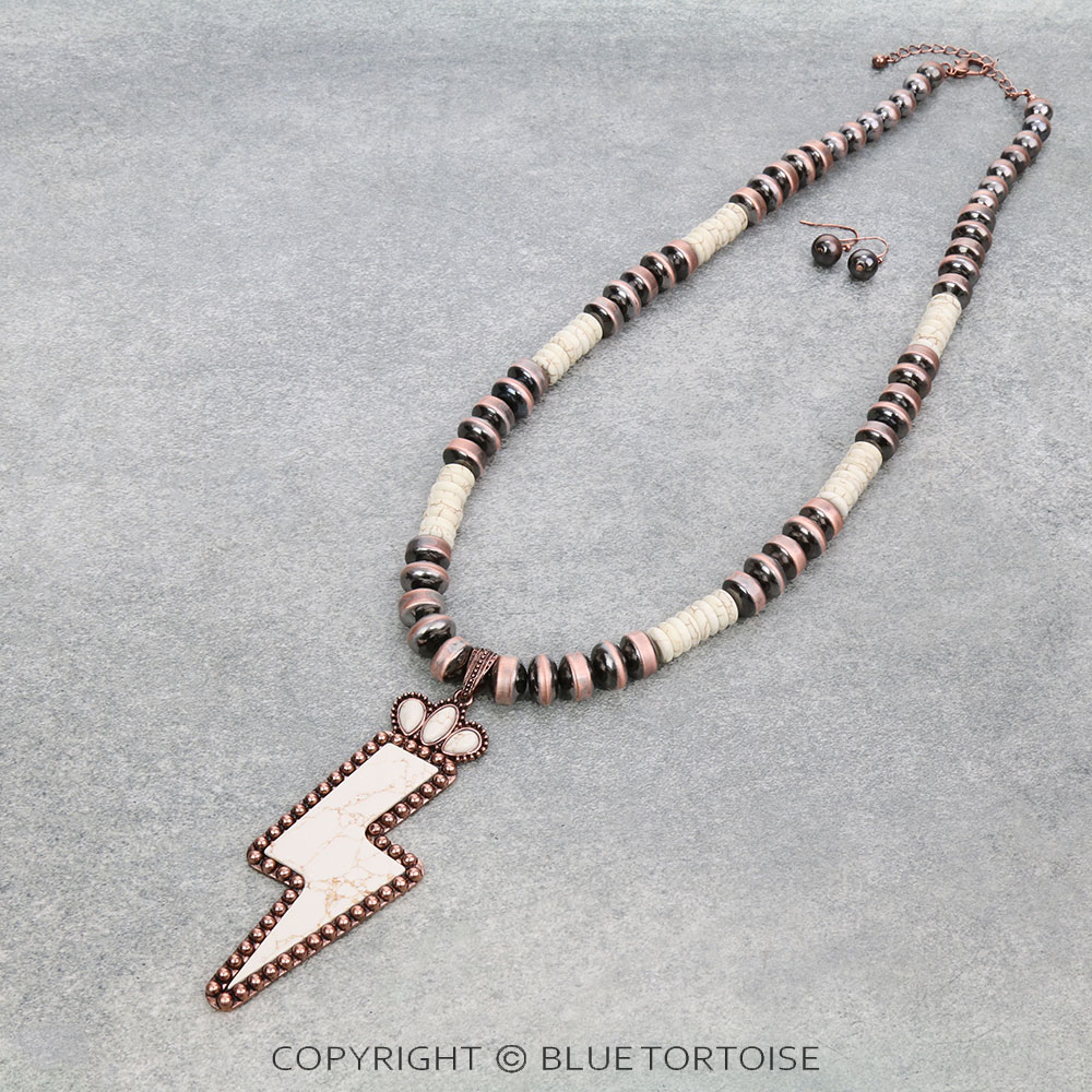 Navajo Style Pearl with Thunder Stone Pendant Necklace Set