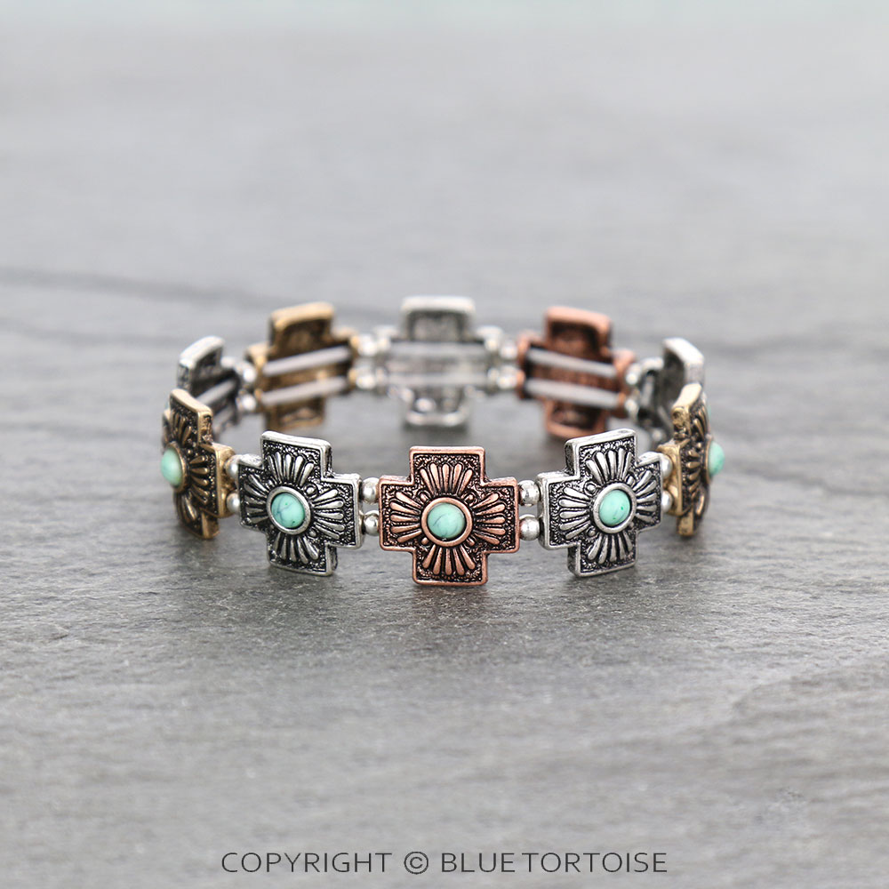 Western Cross Concho Stone Stretch Bracelet