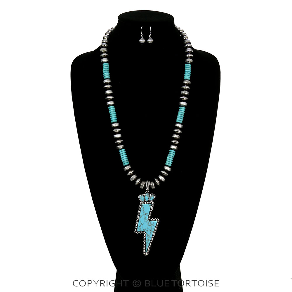 Navajo Style Pearl with Thunder Stone Pendant Necklace Set - Image 2