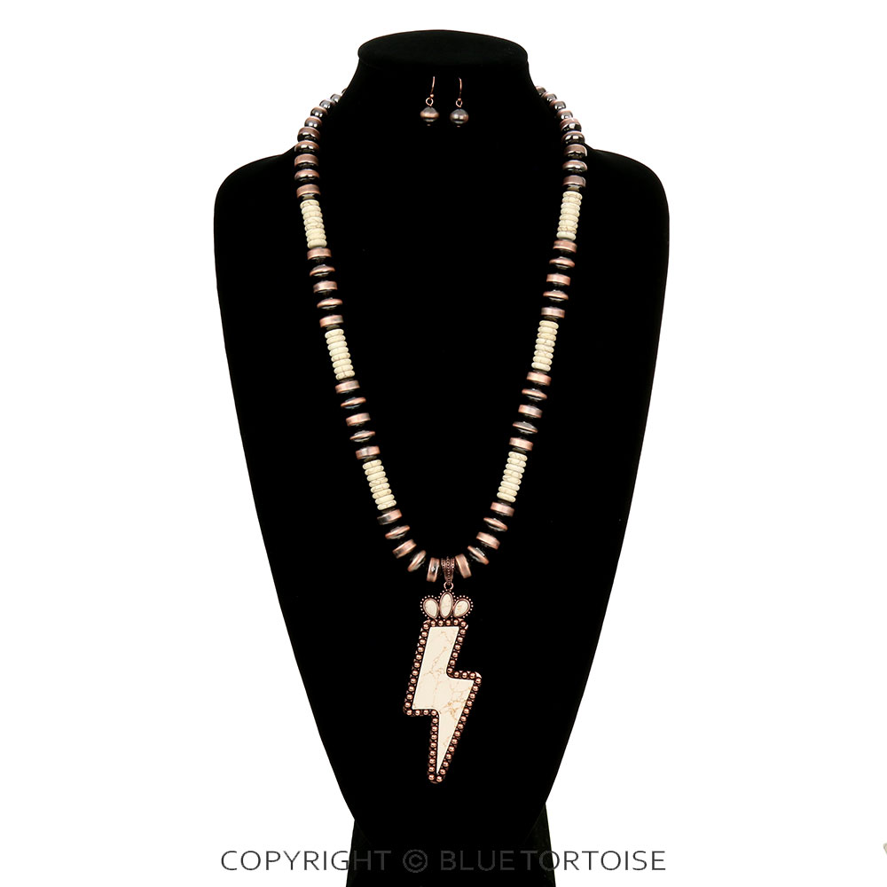 Navajo Style Pearl with Thunder Stone Pendant Necklace Set - Image 2