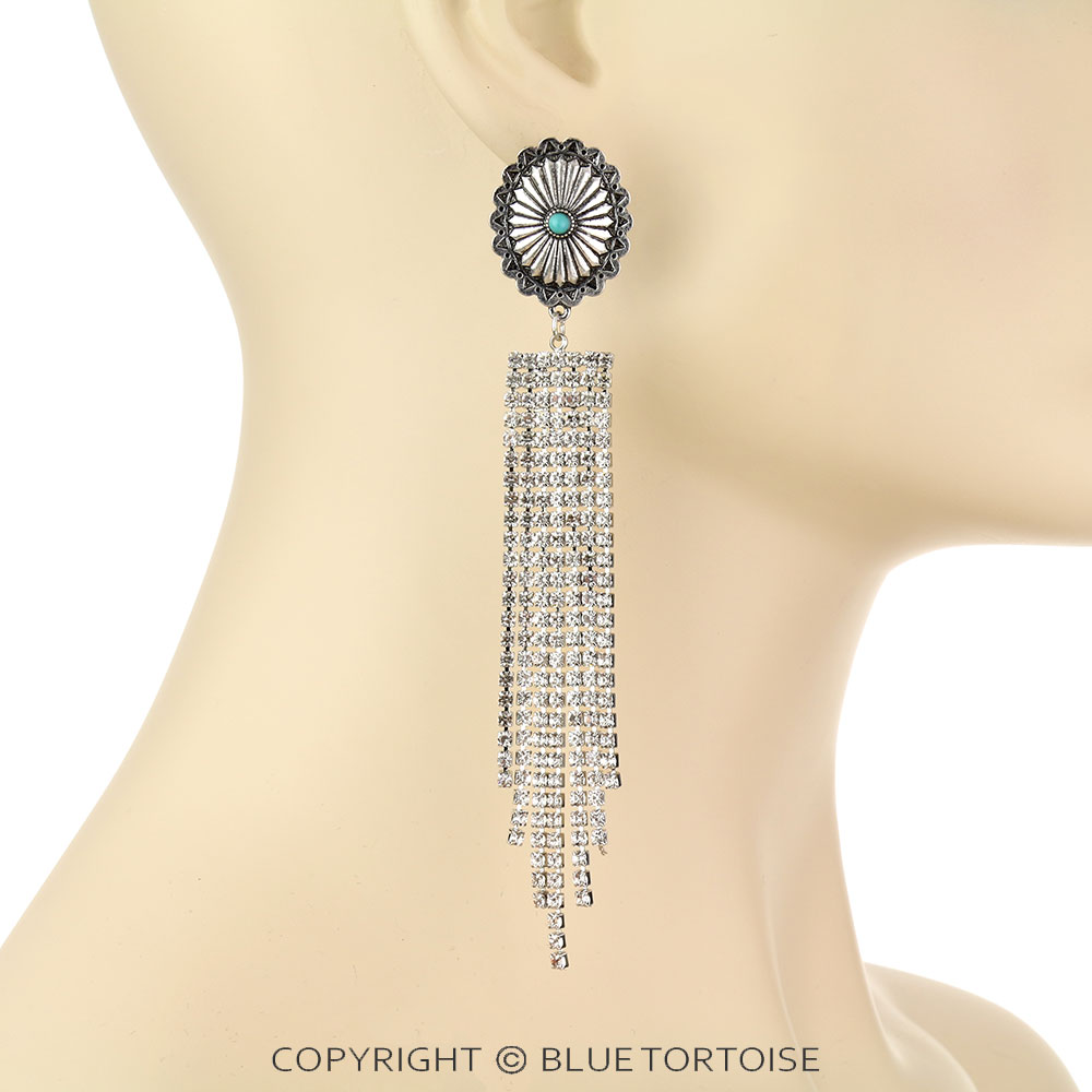 Western Concho Stone Tassel Stud Earrings - Image 2