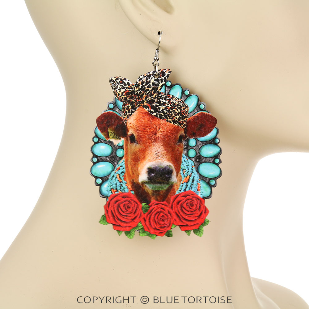 Western Large Cow Wood Dangle Earrings - Image 2