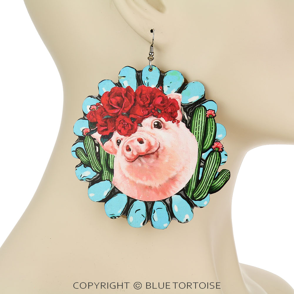 Western Large Pig Wood Dangle Earrings - Image 2