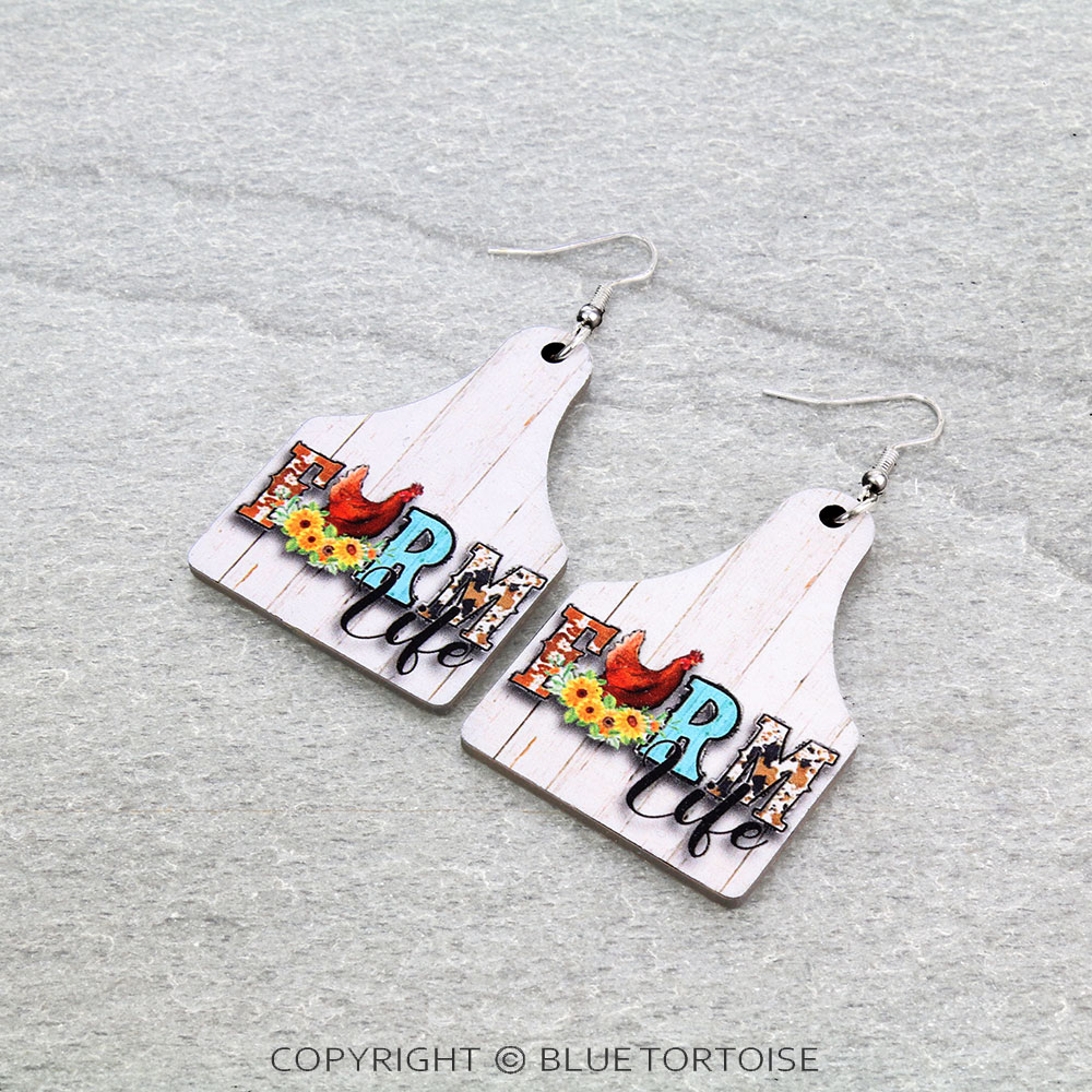 Western "FARM LIFE" Cattle Tag Wood Dangle Earrings