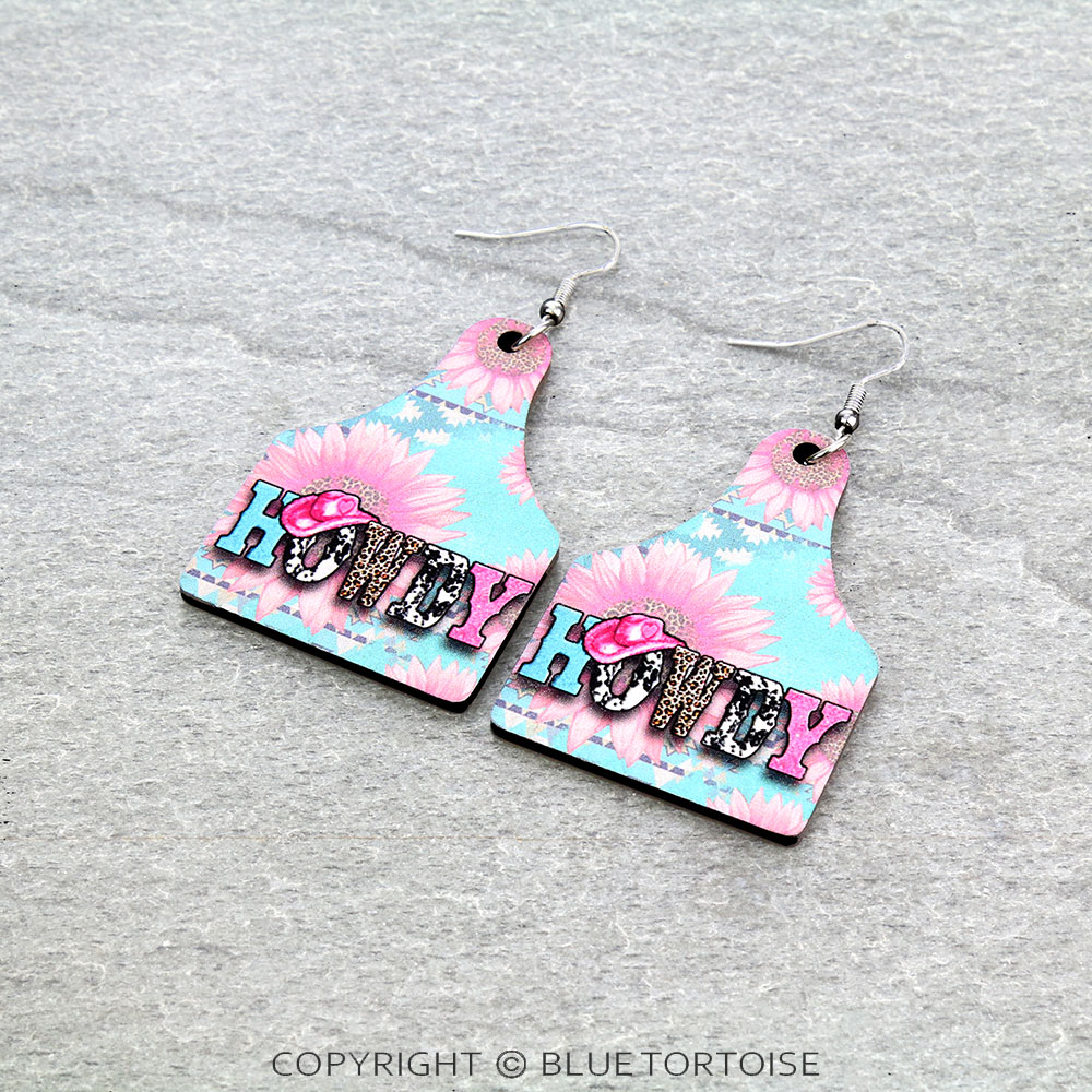 Western "HOWDY" Cattle Tag Wood Dangle Earrings