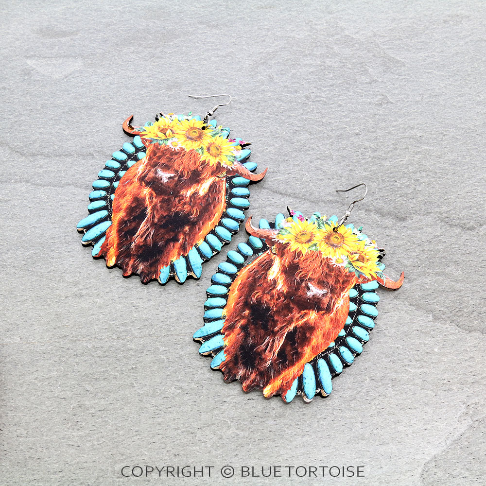 Western Large Buffalo Wood Dangle Earrings