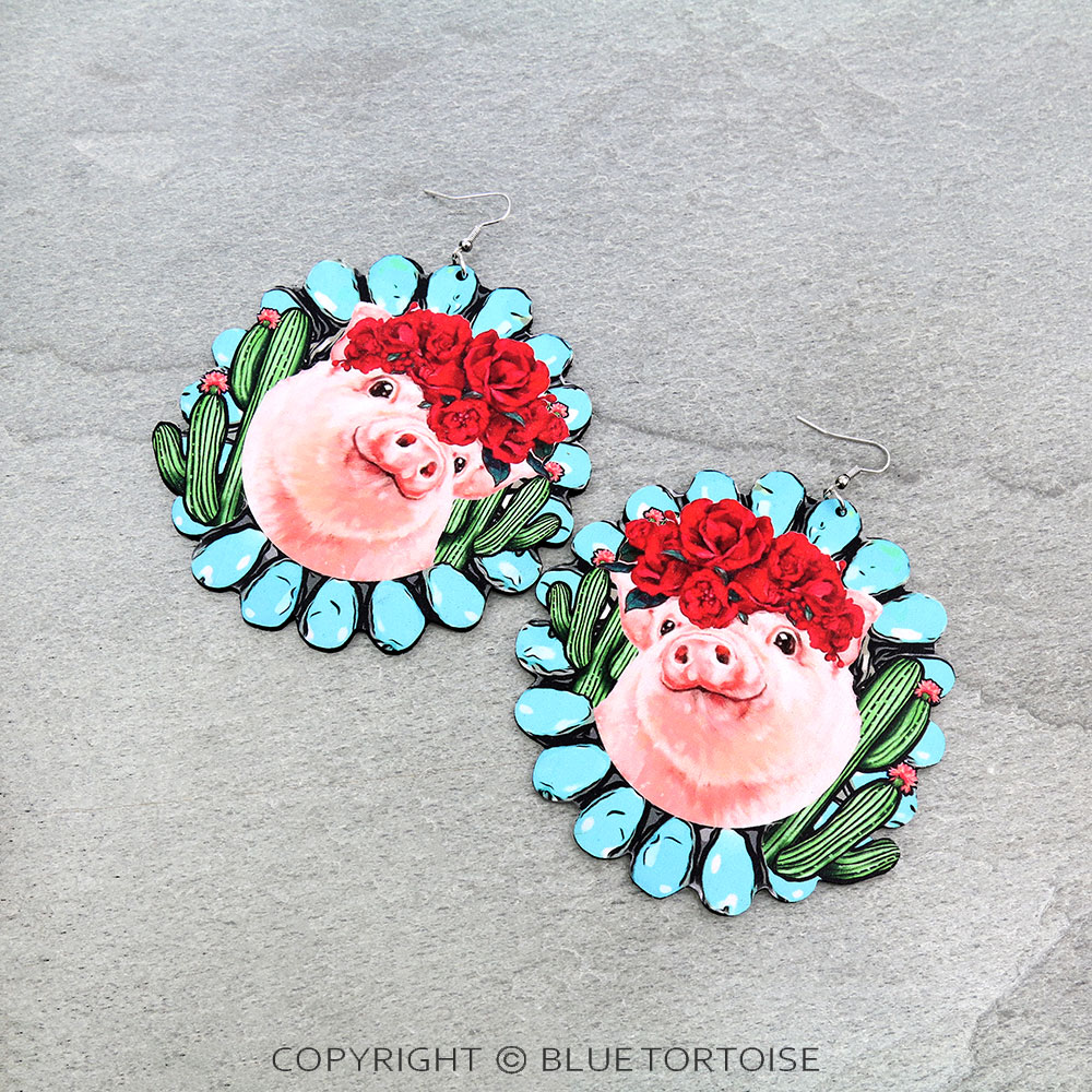 Western Large Pig Wood Dangle Earrings