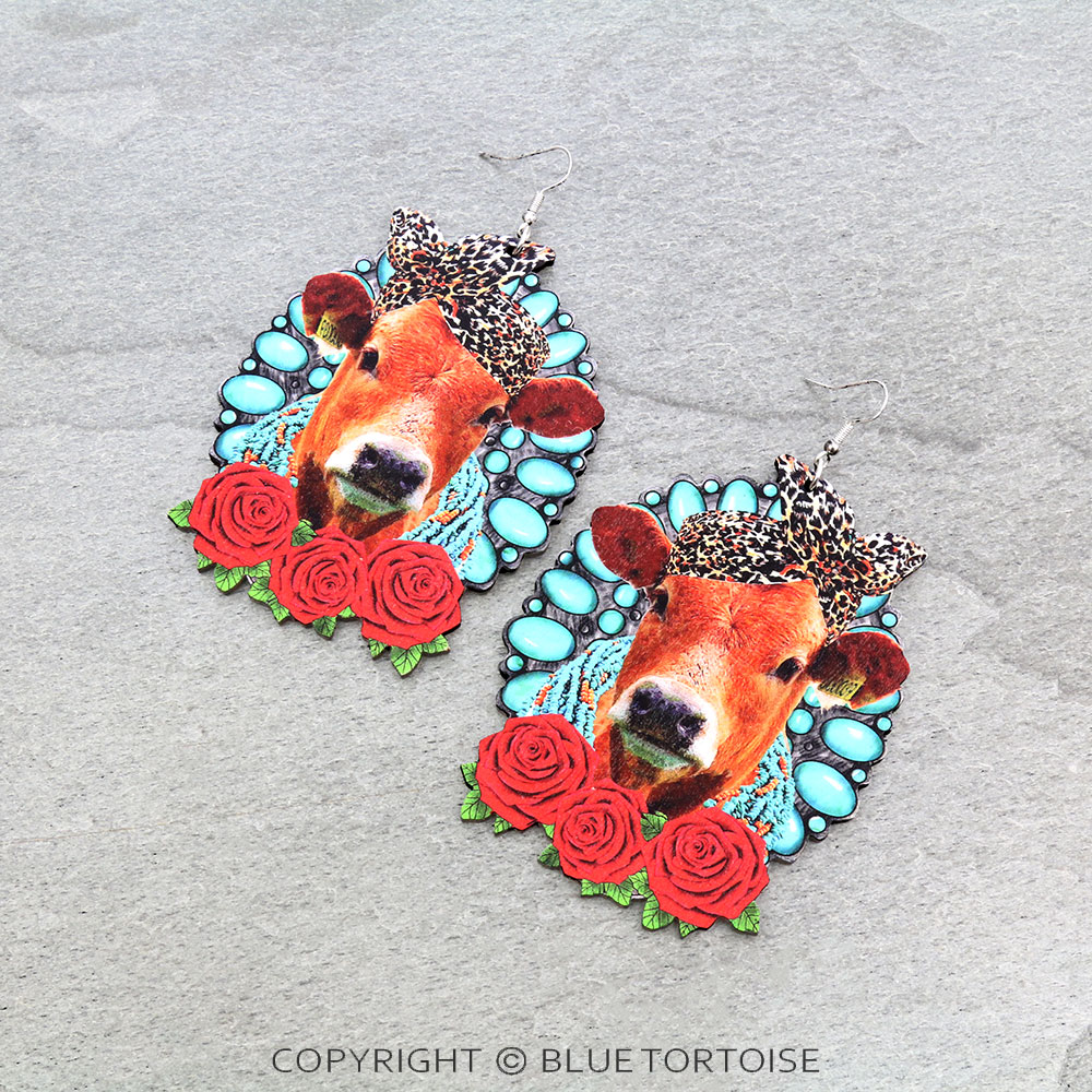 Western Large Cow Wood Dangle Earrings
