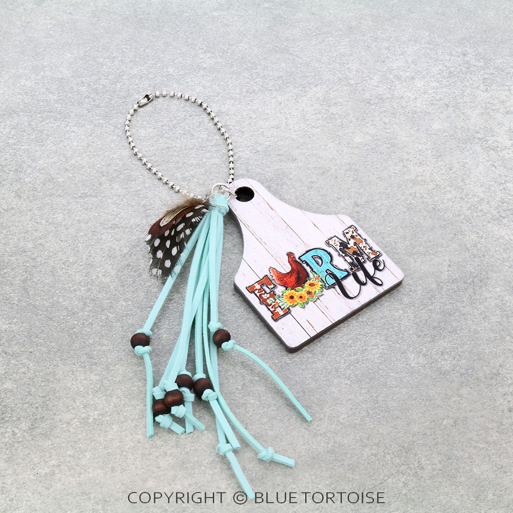 Western "FARM LIFE" Cattle Tag Car Ornament with Tassel & Feather