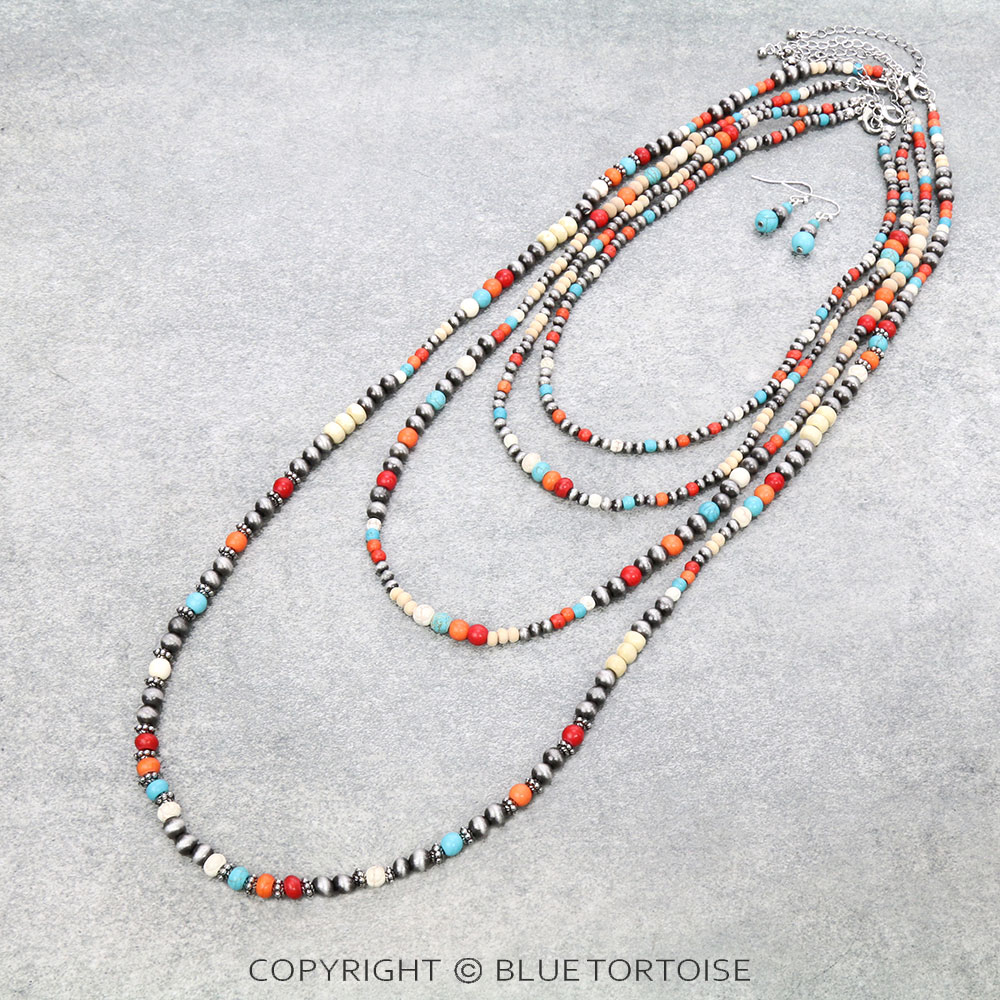 Western Navajo Style Pearl and Bead Layered Necklace Set