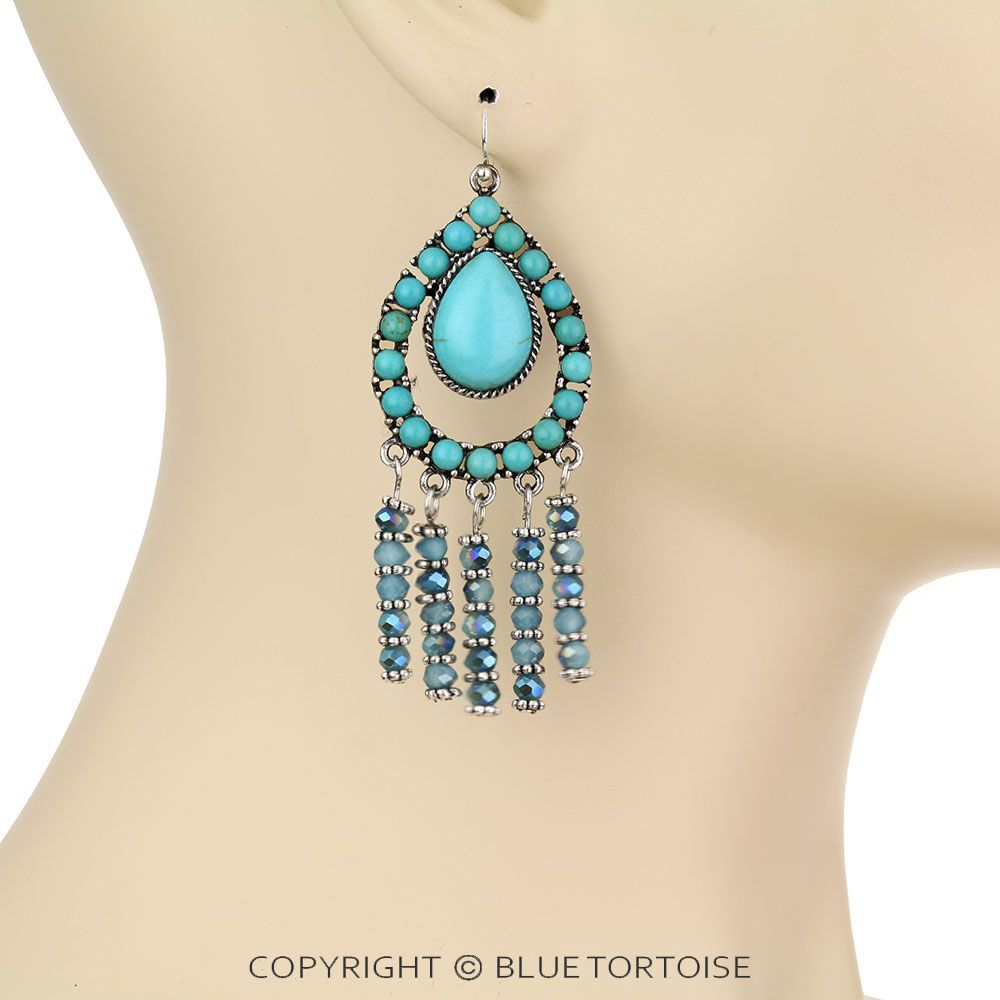 Western Teardrop Stone with Bead Tassel Dangle Earrings - Image 2
