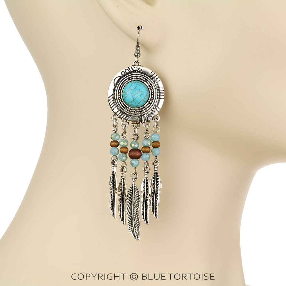Western Design Stone with Leaf Tassel Dangle Earrings - Image 2