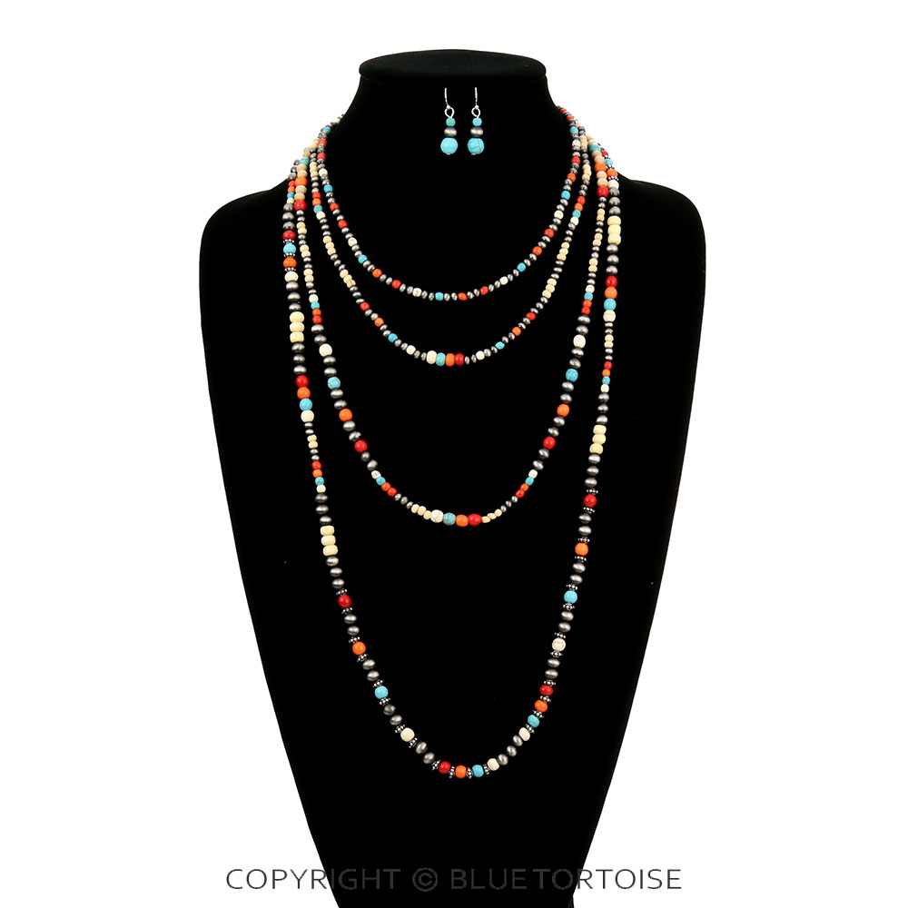 Western Navajo Style Pearl and Bead Layered Necklace Set - Image 2