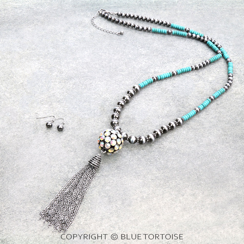Navajo Style Pearl with Ball Chain Pendant Necklace Set