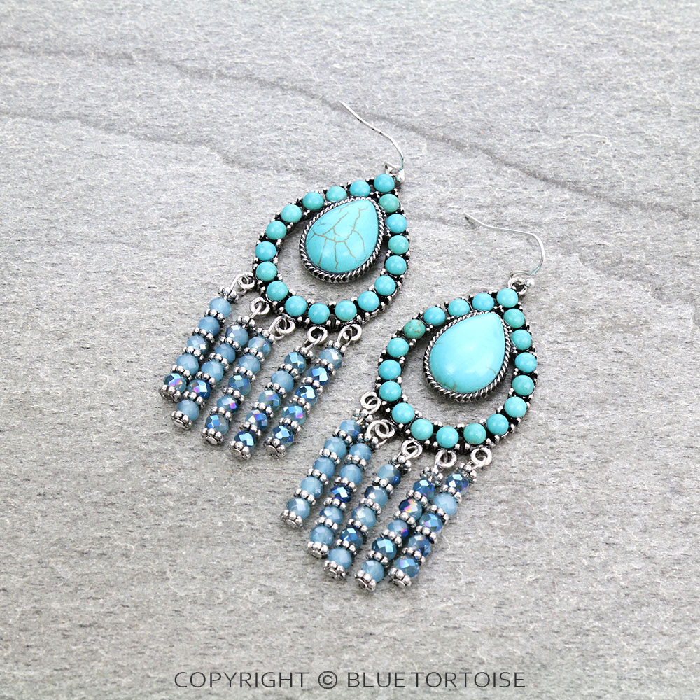 Western Teardrop Stone with Bead Tassel Dangle Earrings