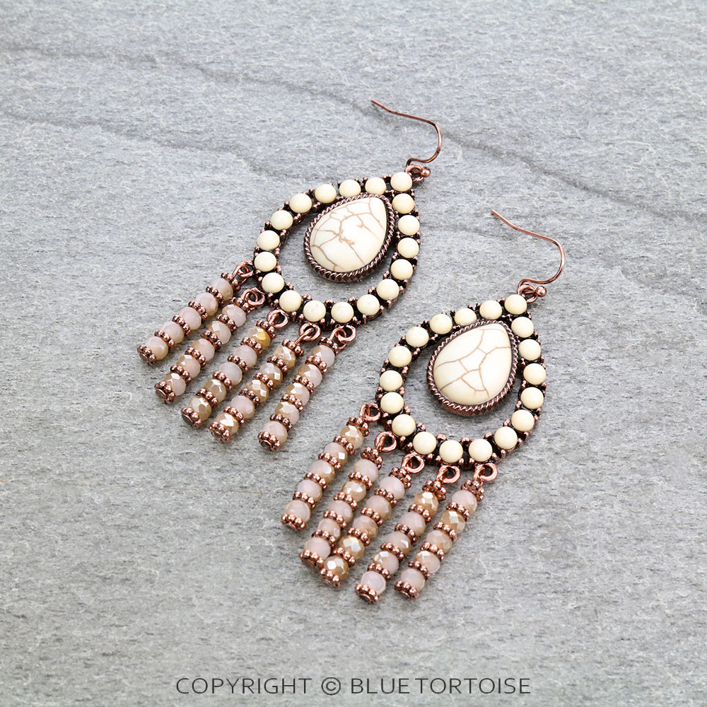 Western Teardrop Stone with Bead Tassel Dangle Earrings