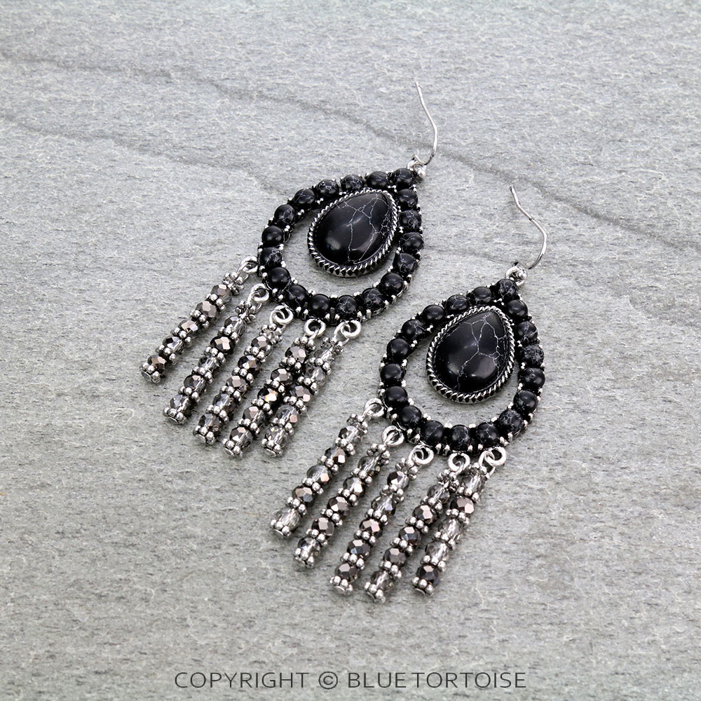 Western Teardrop Stone with Bead Tassel Dangle Earrings