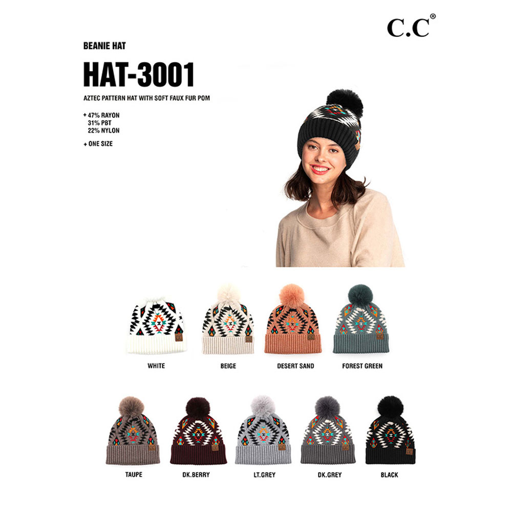 C.C Soft Aztec Pattern Beanie with Faux Fur Pom - Image 3