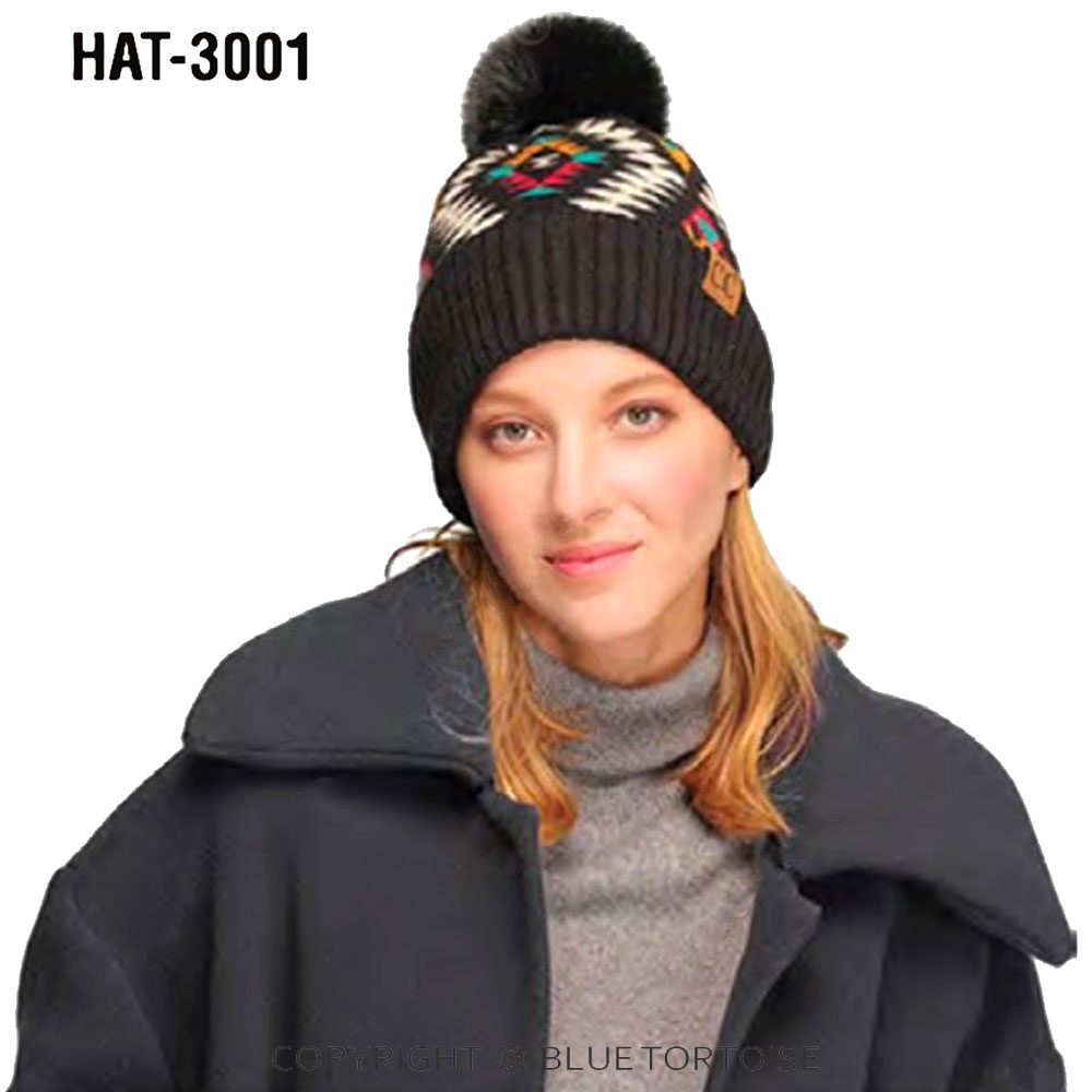 C.C Soft Aztec Pattern Beanie with Faux Fur Pom - Image 4
