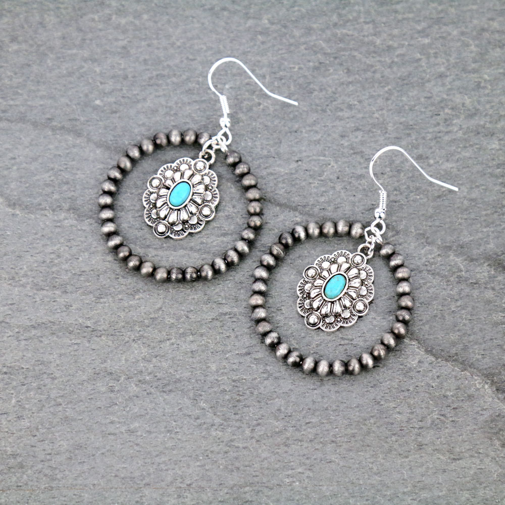 Concho Charm with Navajo Style Pearl Dangle Earrings